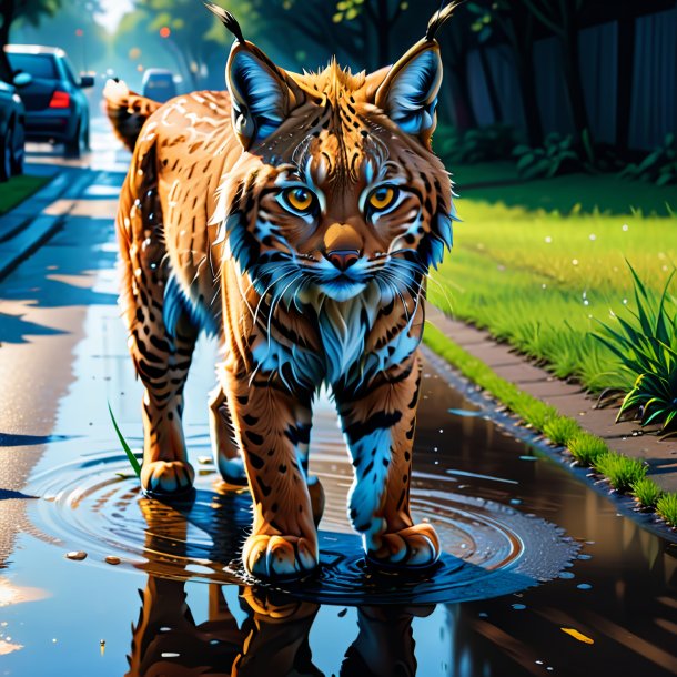 Drawing of a lynx in a trousers in the puddle