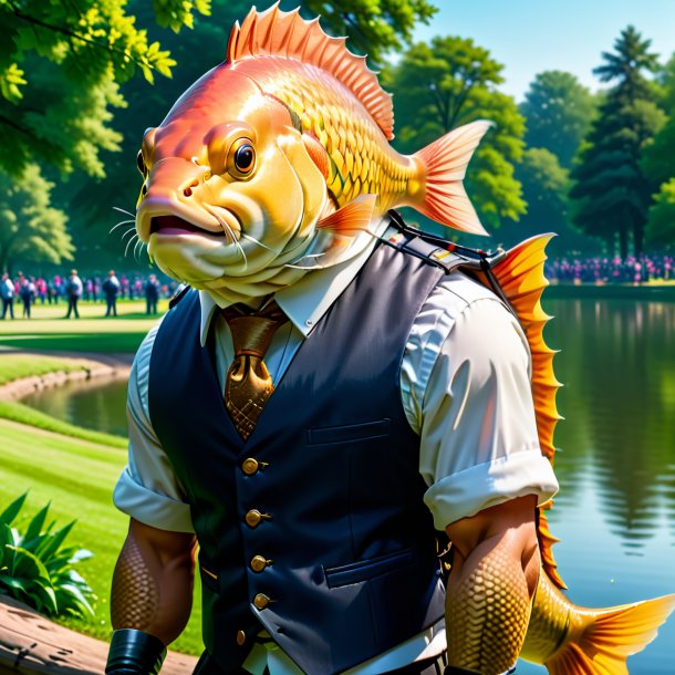 Image of a carp in a vest in the park