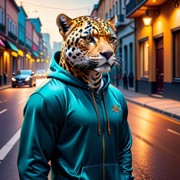 Foto de un jaguar en una sudadera con capucha en el camino