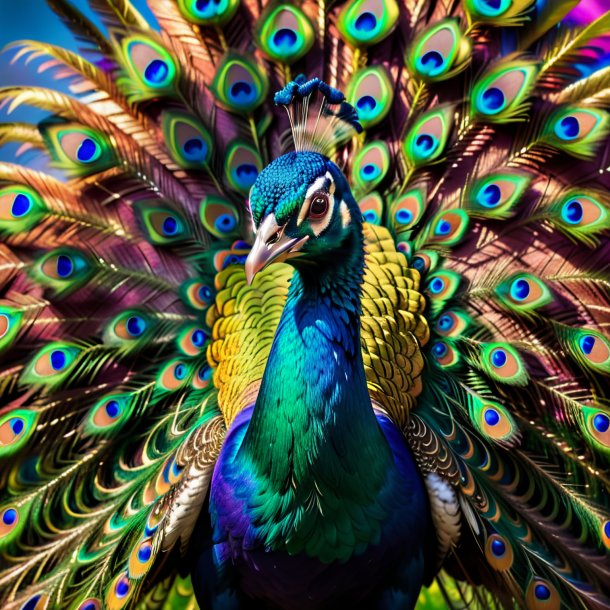 Foto de una amenaza de un pavo real en el arco iris