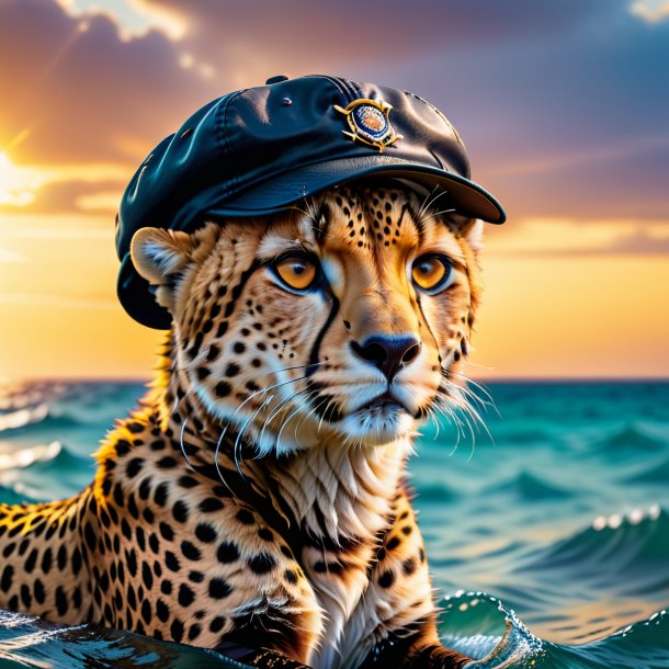 Image of a cheetah in a cap in the sea