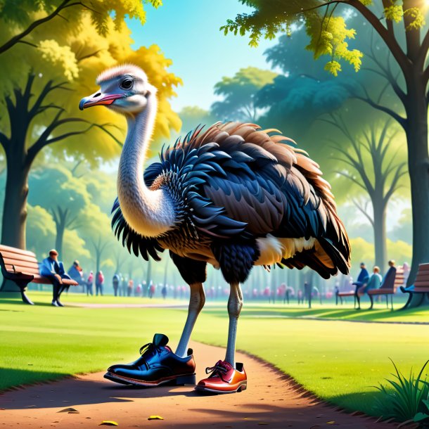 Drawing of a ostrich in a shoes in the park