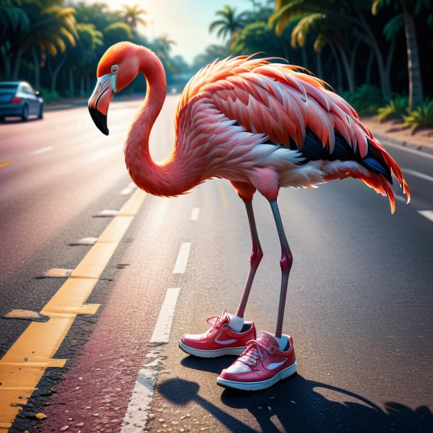 Drawing of a flamingo in a shoes on the road