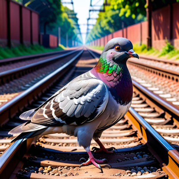 Foto de una paloma en un cinturón en las vías del ferrocarril