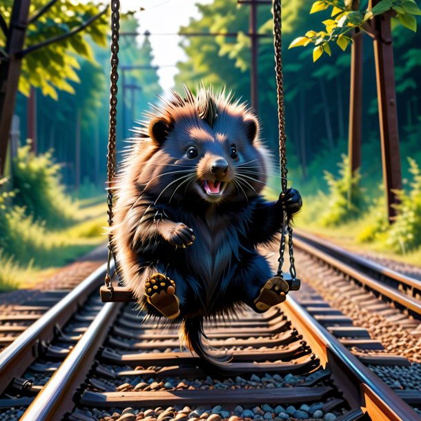 Pic of a swinging on a swing of a porcupine on the railway tracks