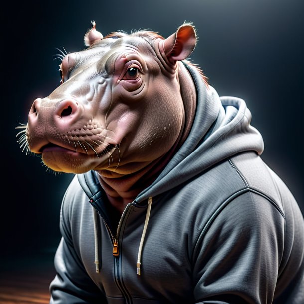 Image of a hippopotamus in a gray hoodie