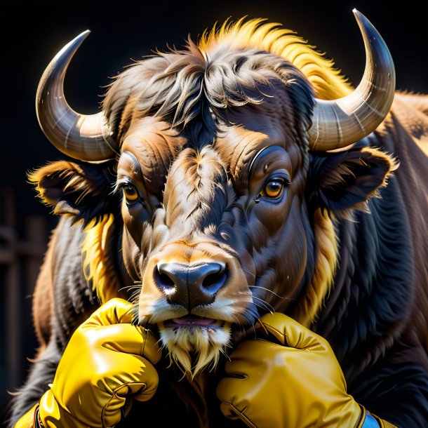 Image of a buffalo in a yellow gloves