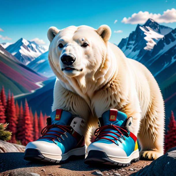 Photo of a polar bear in a shoes in the mountains