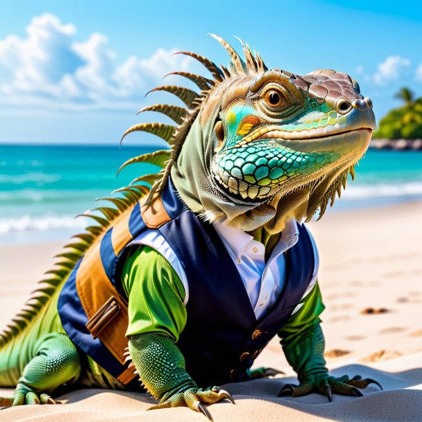 Photo d'une iguane dans un gilet sur la plage