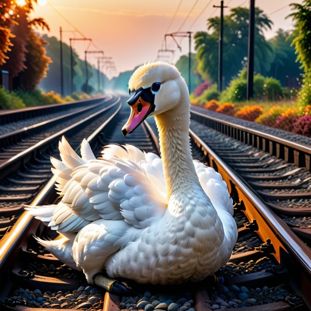 Foto de un llanto de un cisne en las vías del ferrocarril