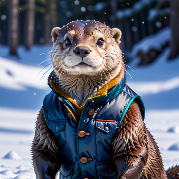 Photo of a otter in a vest in the snow