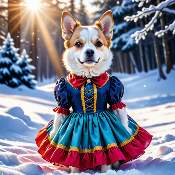 Imagen de un perro en un vestido en la nieve