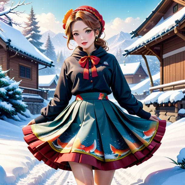 Illustration of a carp in a skirt in the snow