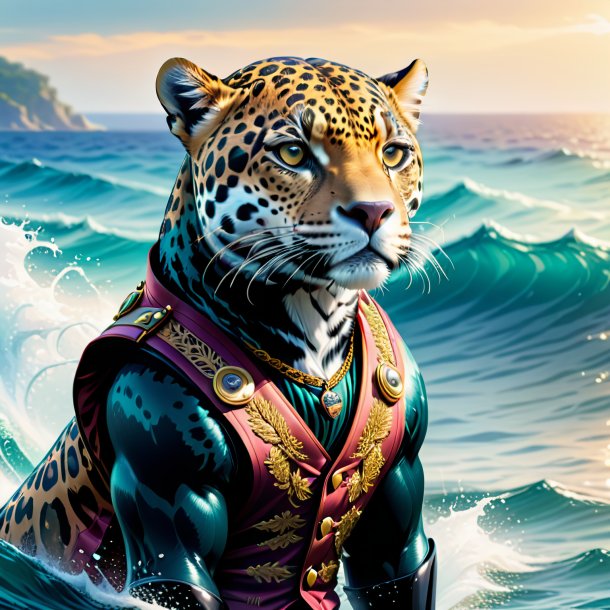 Ilustração de um jaguar em um colete no mar