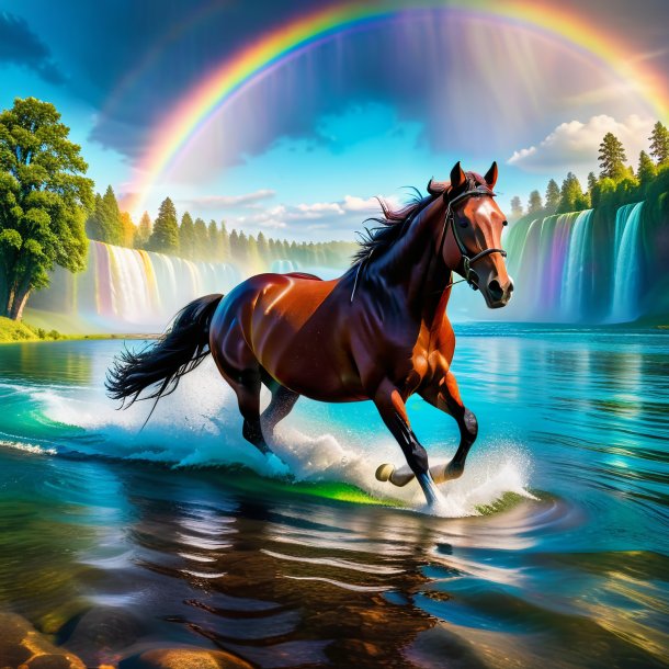 Foto de una natación de un caballo en el arco iris