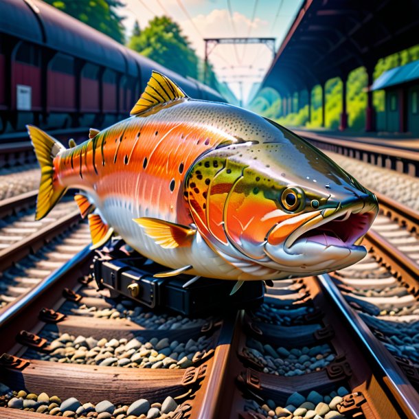 Imagem de um salmão em um cinto nos trilhos ferroviários