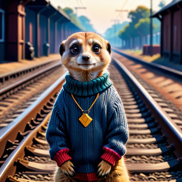 Desenho de um meerkat em um suéter nos trilhos ferroviários