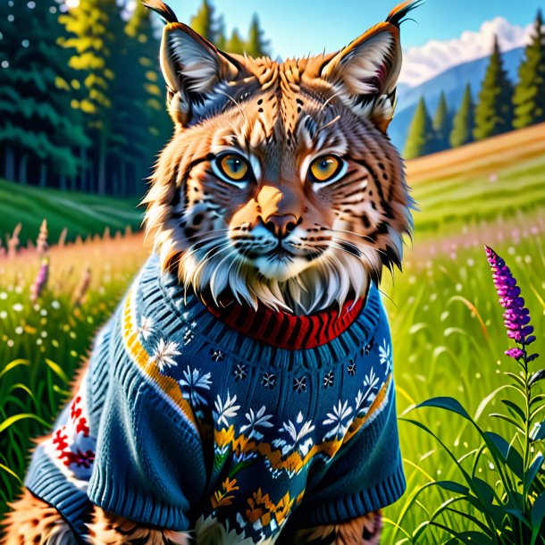 Photo of a lynx in a sweater in the meadow