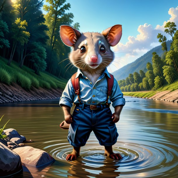 Drawing of a possum in a trousers in the river