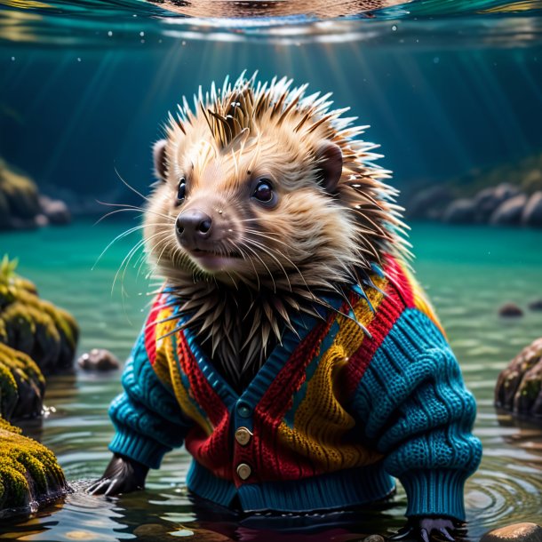 Image of a porcupine in a sweater in the water