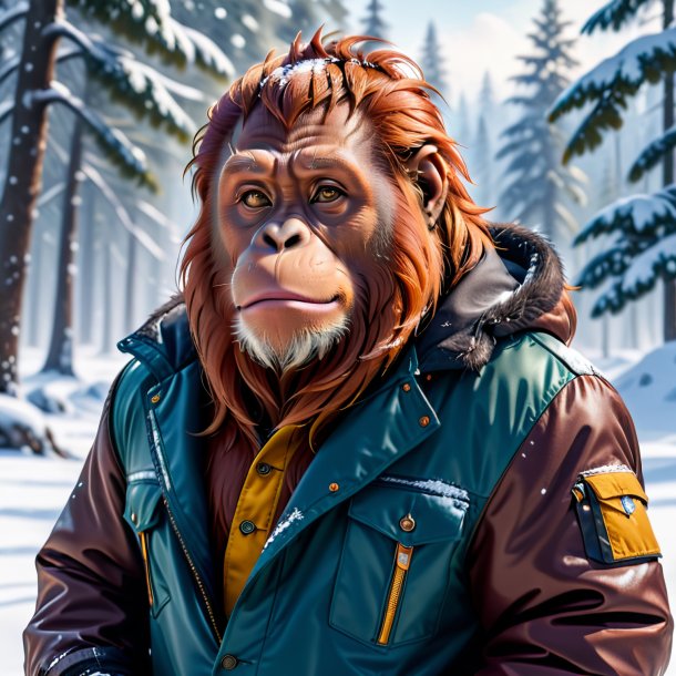 Photo of a orangutan in a jacket in the snow