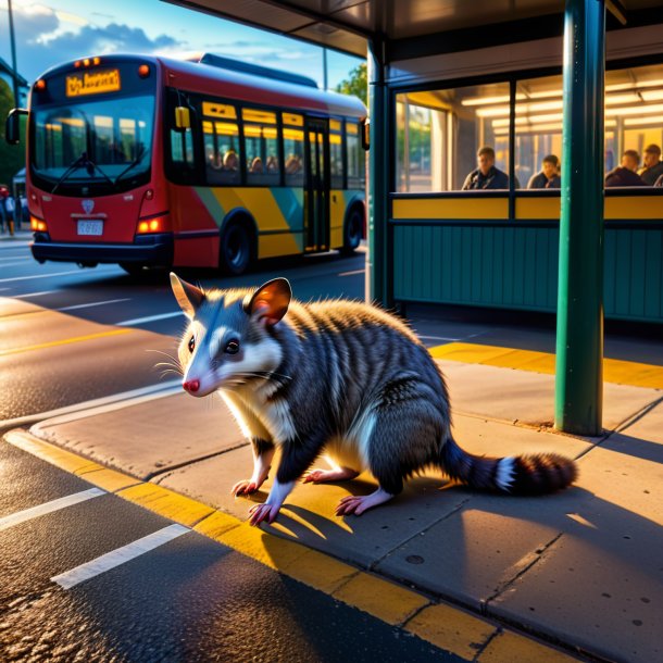 Imagem de uma natação de um gambá no ponto de ônibus