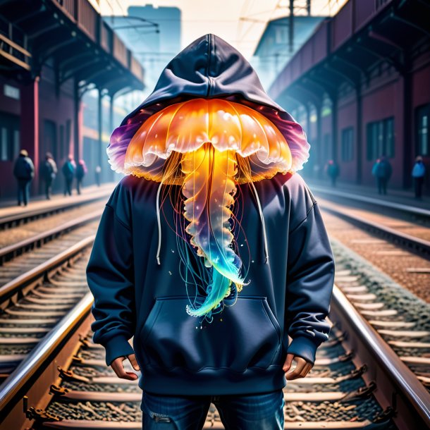 Foto de uma água-viva em um hoodie nos trilhos ferroviários