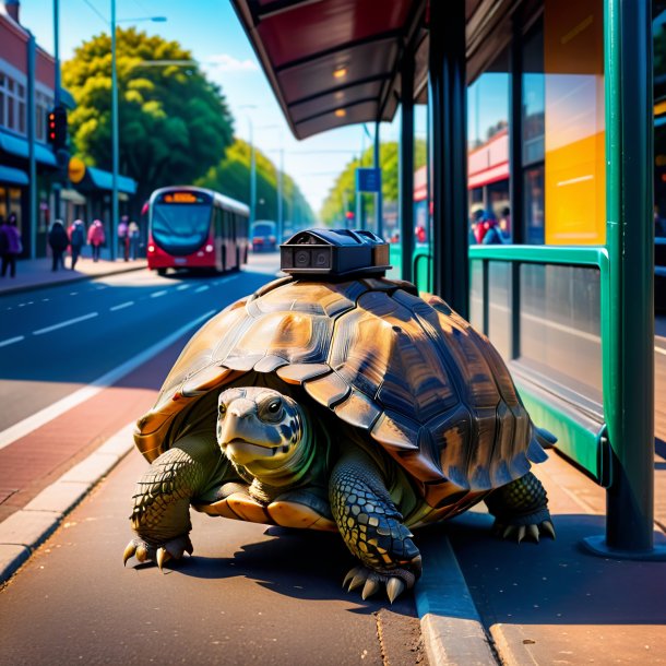 Foto de uma tartaruga em um colete no ponto de ônibus