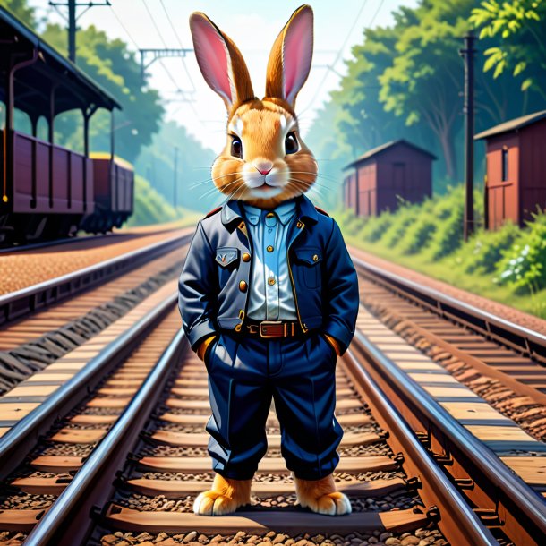 Illustration of a rabbit in a trousers on the railway tracks