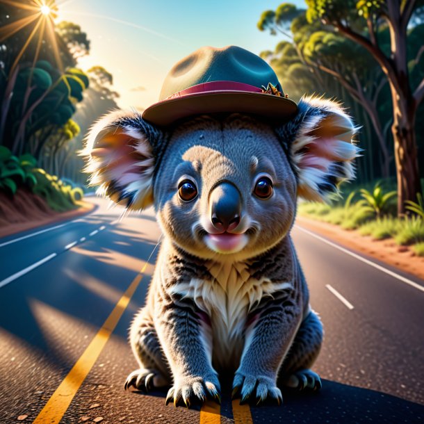 Drawing of a koala in a hat on the road