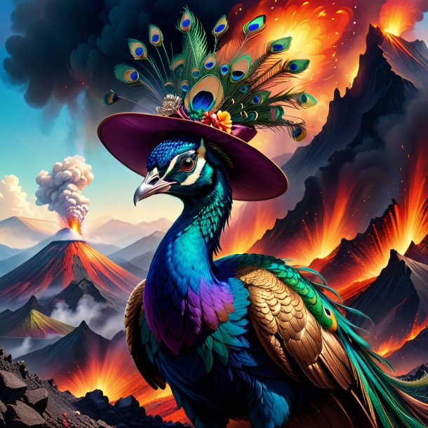 Illustration of a peacock in a hat in the volcano