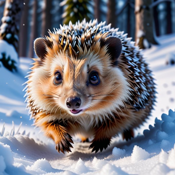 Picture of a jumping of a hedgehog in the snow