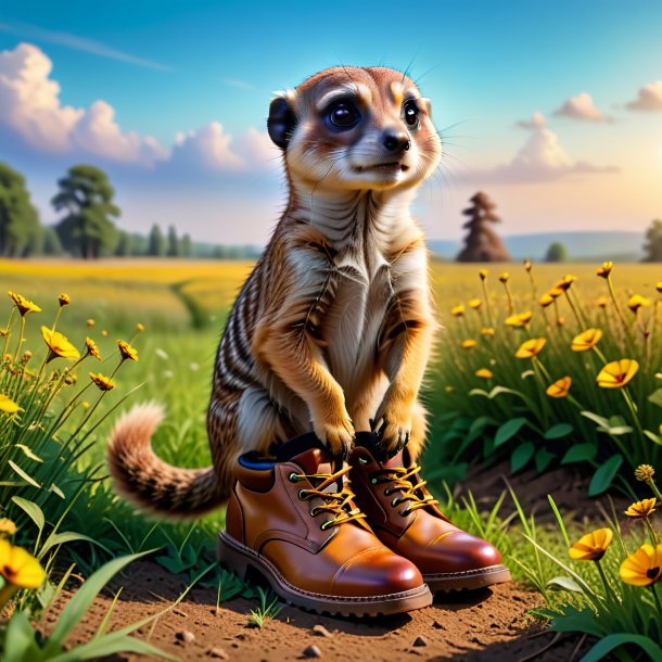 Photo of a meerkat in a shoes in the meadow