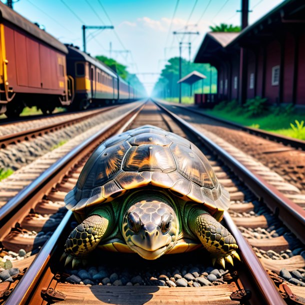 Foto de una espera de una tortuga en las vías del tren