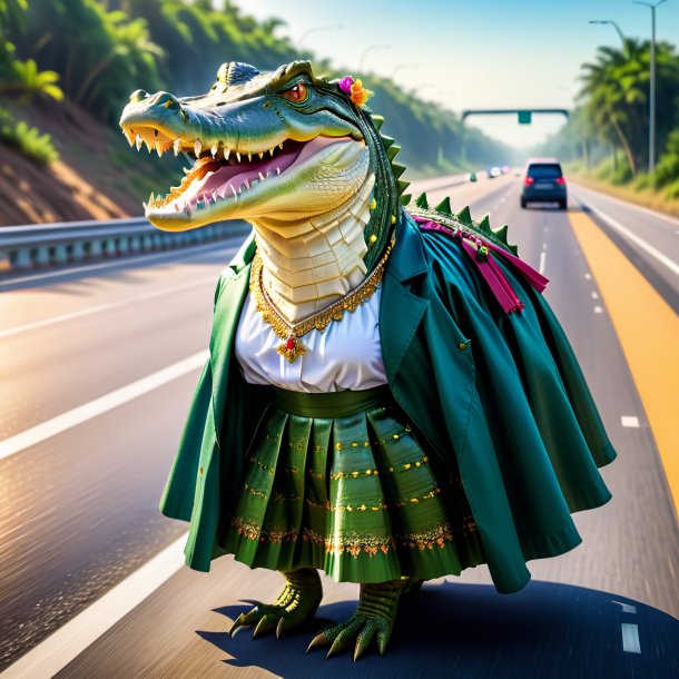 Picture of a crocodile in a skirt on the highway