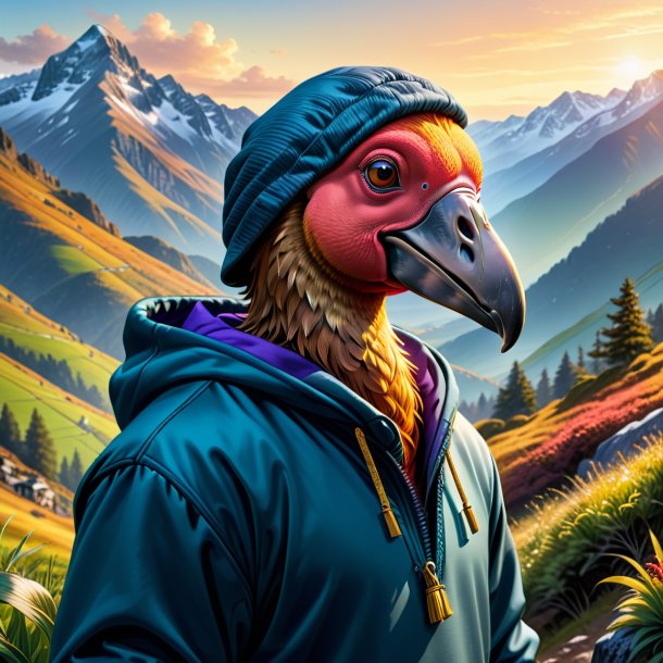 Drawing of a dodo in a hoodie in the mountains