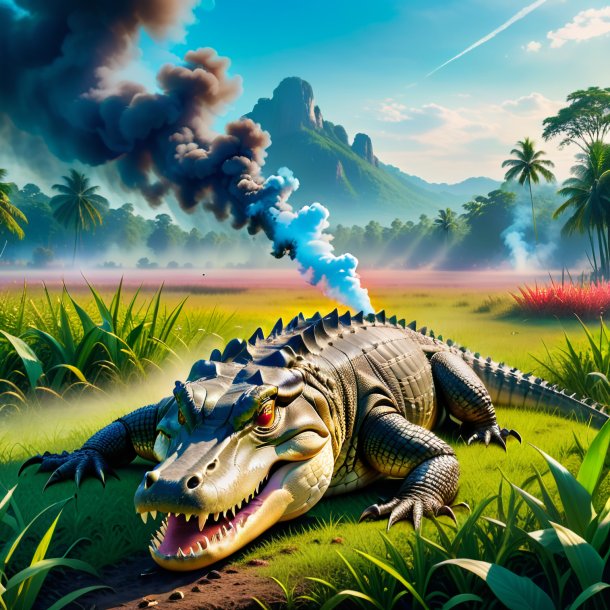 Photo of a smoking of a crocodile in the meadow