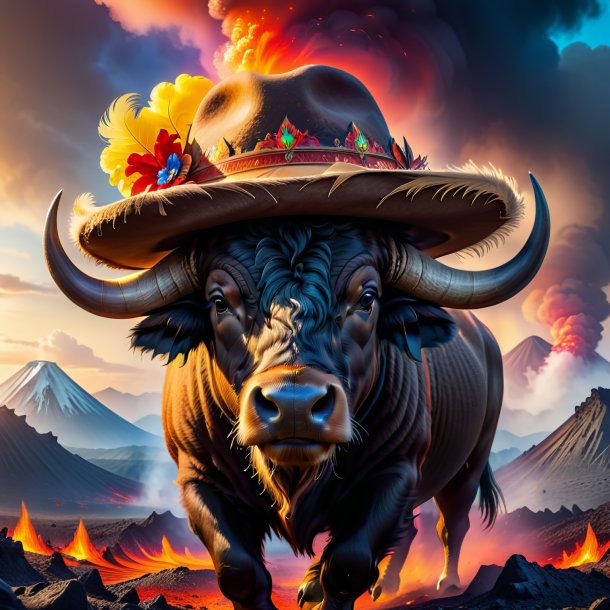 Photo of a buffalo in a hat in the volcano