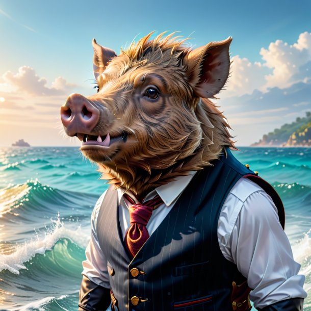 Picture of a boar in a vest in the sea