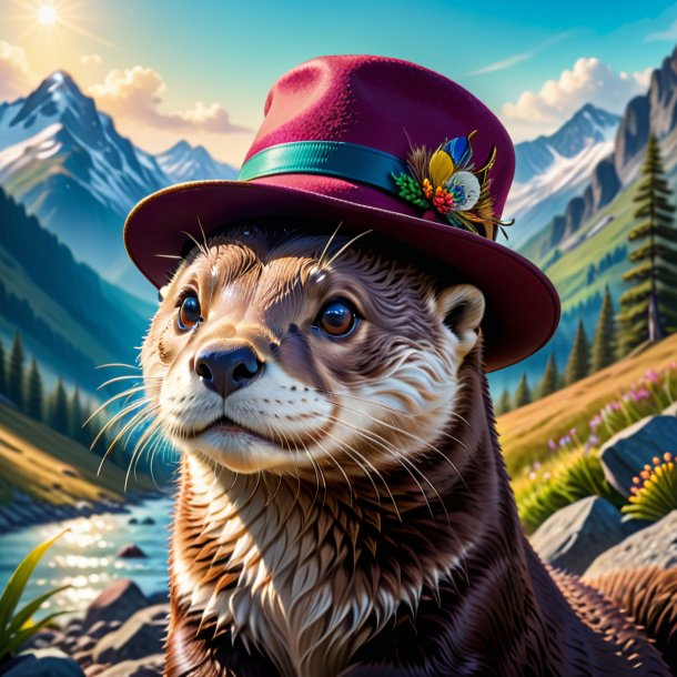 Illustration of a otter in a hat in the mountains