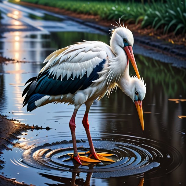 Image of a stork in a belt in the puddle