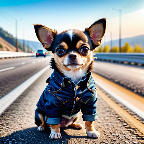 Imagem de um chihuahua em um jeans na estrada