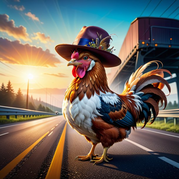 Illustration of a hen in a hat on the highway