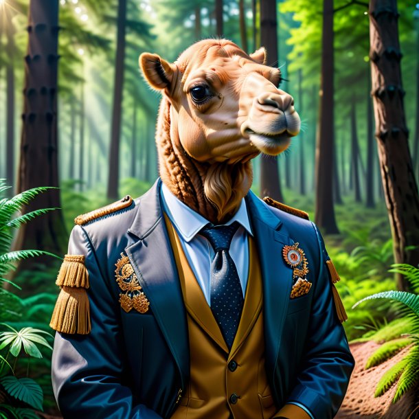 Image of a camel in a jacket in the forest