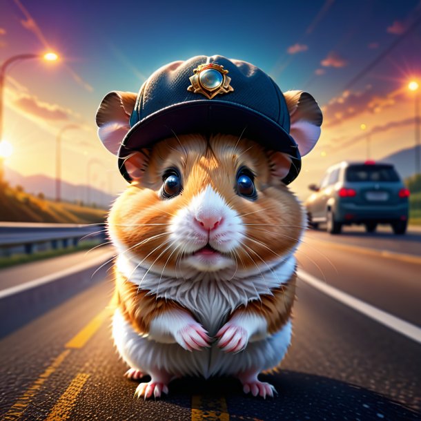 Illustration of a hamster in a hat on the highway