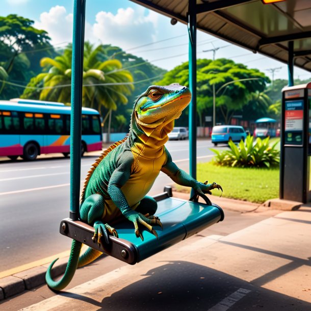 Foto de un balanceo en un columpio de un lagarto monitor en la parada de autobús