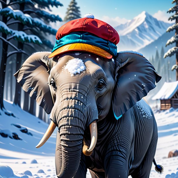 Drawing of a elephant in a cap in the snow