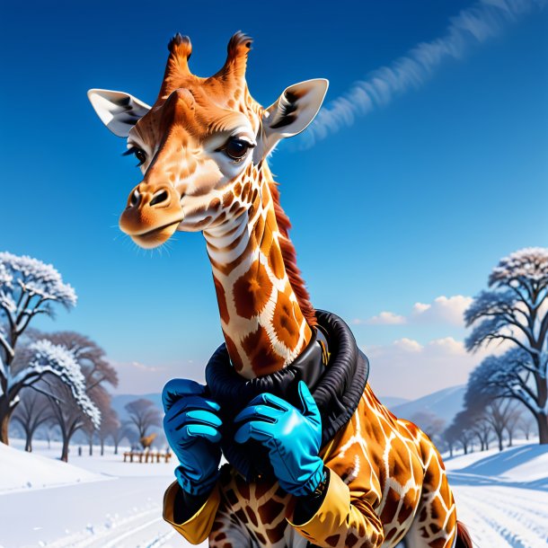 Illustration of a giraffe in a gloves in the snow