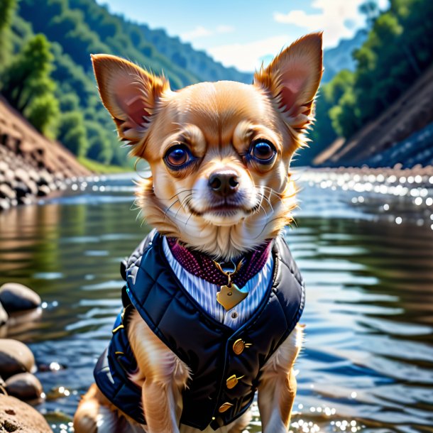 Imagem de um chihuahua em um colete no rio