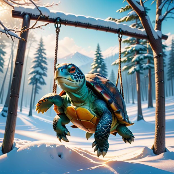 Photo of a swinging on a swing of a turtle in the snow